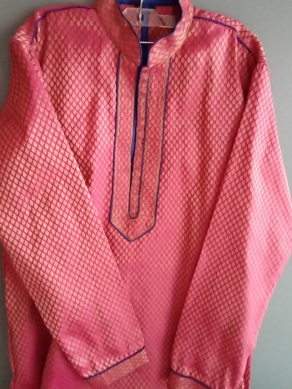 Mens Pink Gold Jacquard Kurta Tunic Traditional Indian Wedding Festive Top